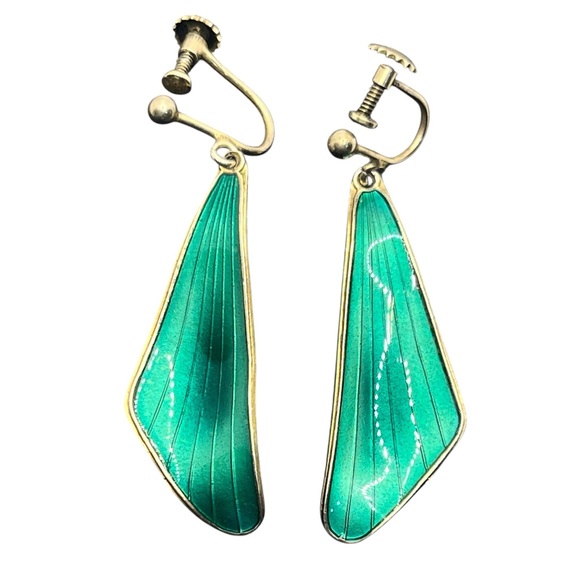 Oystein Balle Sterling Silver green Enamel dangle Earrings Norwegian Norway